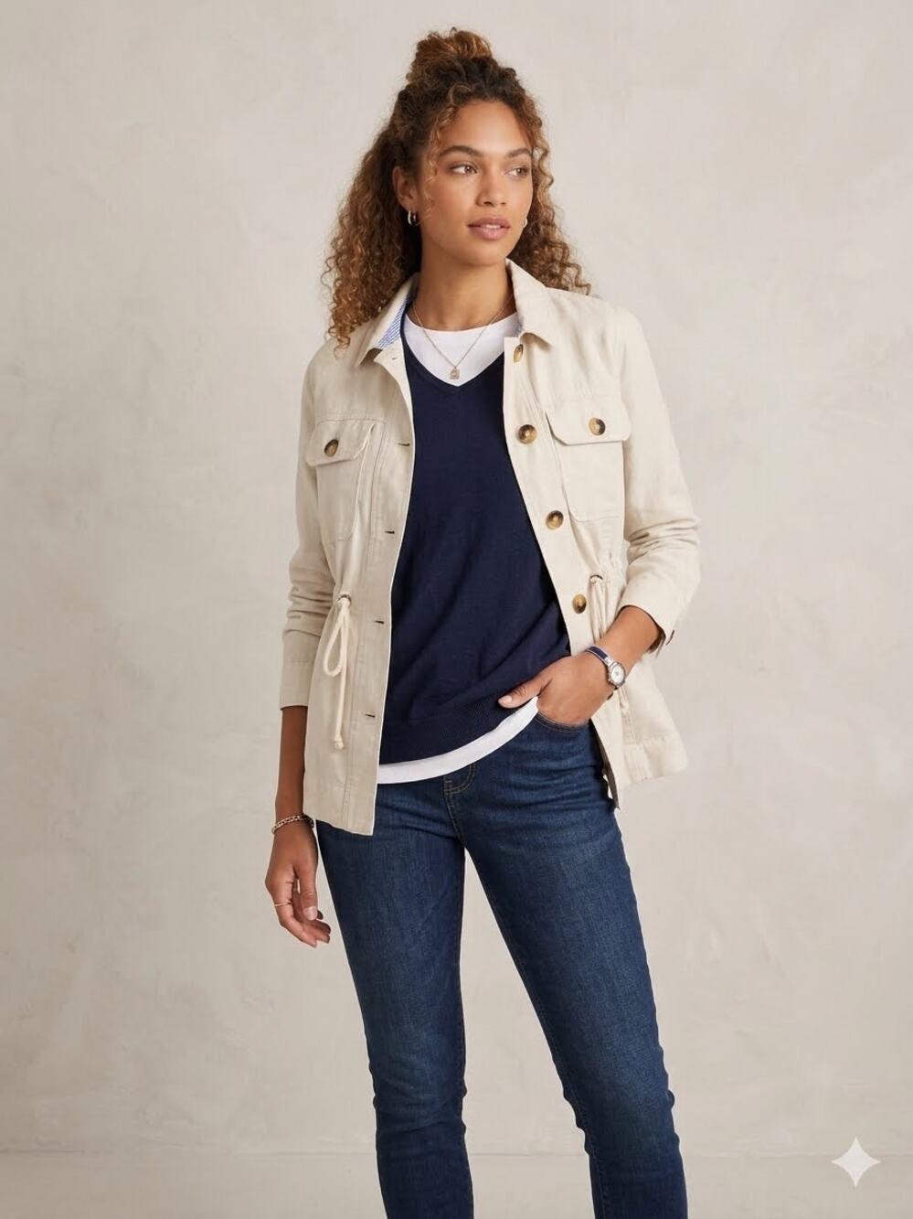 Vineyard Vines Linen Blend Utility Jacket Cream Drawstring Waist Medium